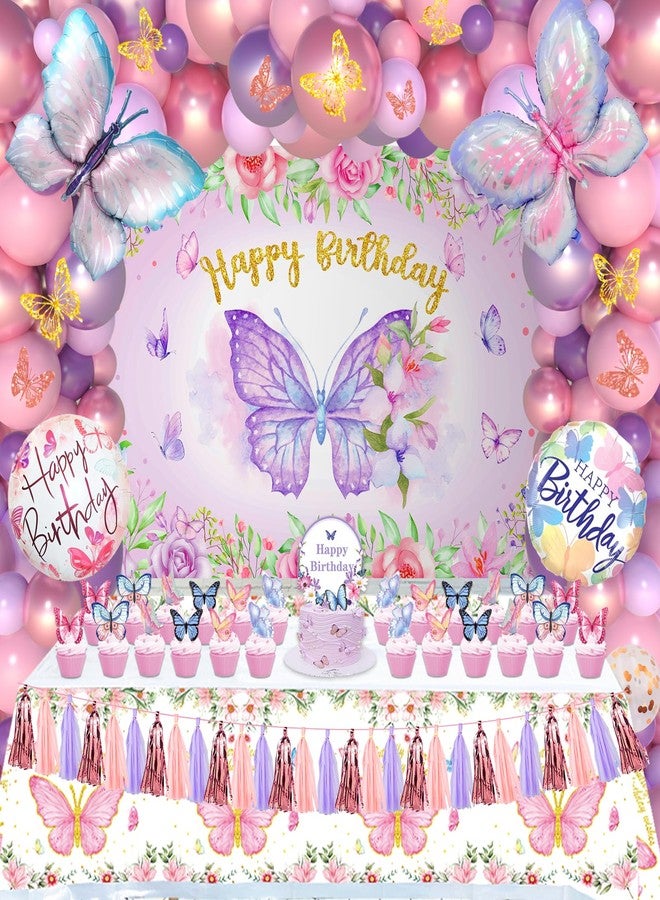 BOLAKE 138PCS Butterfly Birthday Decorations for Girls, Butterfly Party Supplies Include Balloon Arch Butterfly Backdrop Foil Balloon 3D Butterfly Wall Decors Tablecloth Cake Topper Tassle - Image 1